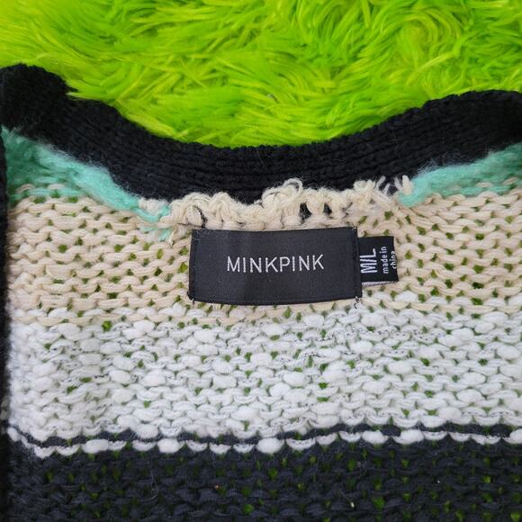 MINKPINK Blue Black Cream Chunky Knit Striped Button Up Sweater Cardigan, M/L - Picture 4 of 4